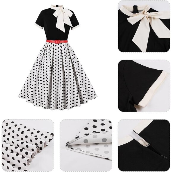 Women 50s Style Vintage Swing Dress Short Sleeve Tie Neck Polka Dot - Picture 3 of 6
